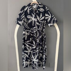 DKNY Navy and White Leaf Print Midi Dress